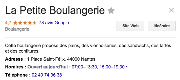 Affichage des horaires d'ouverture d'une boulangerie sur la base d'une recherche locale sur Google